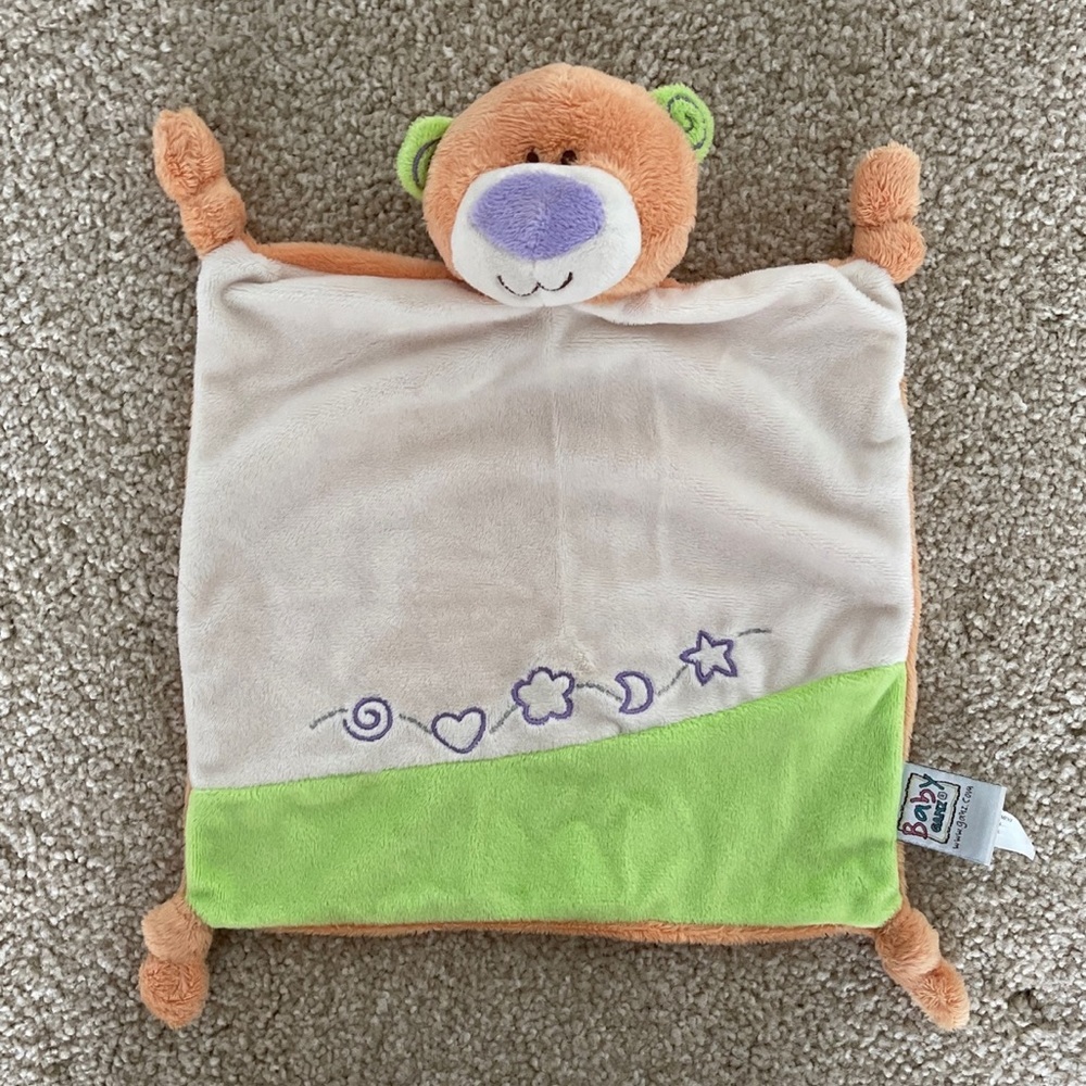 Baby GANZ Tangerine Bear Mini Plush Blanket Jingle Rattle Lovey 9" x 9" Minky EC